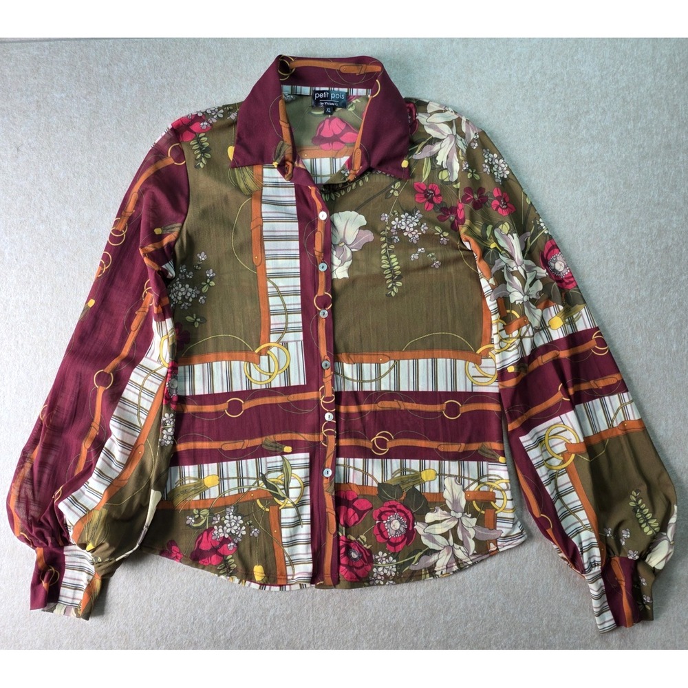 Petit Pois by‎ Vivian G Sheer Mesh Top Sz XL Balloon Sleeve Button Up Artsy Boho